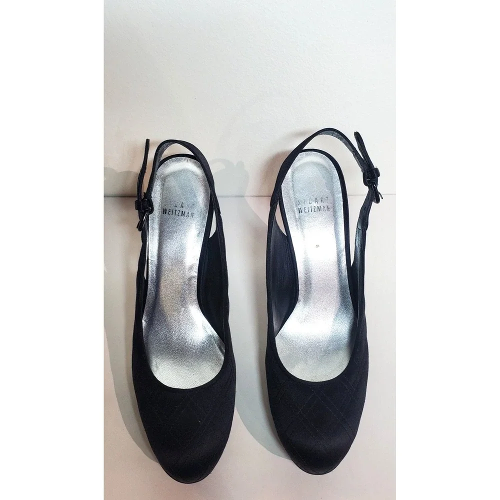 Stewart Weitzman Black Satin Sling-back‎ Pumps Size 9M Rounded Toe